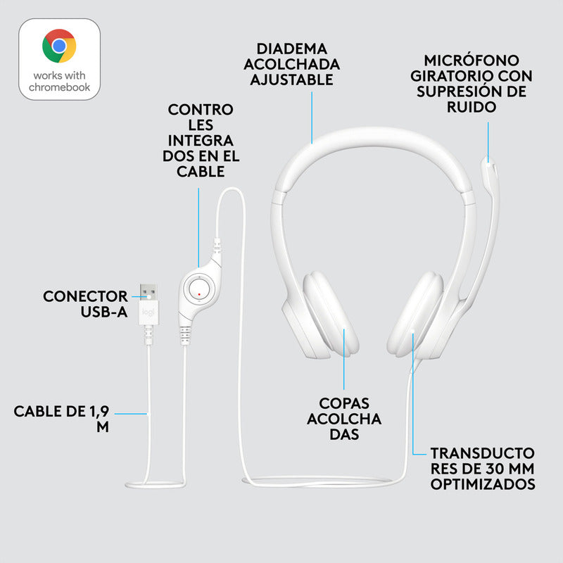 Combo Cámara Web Logitech Brio 300 + Diadema H390 Usb Blanco