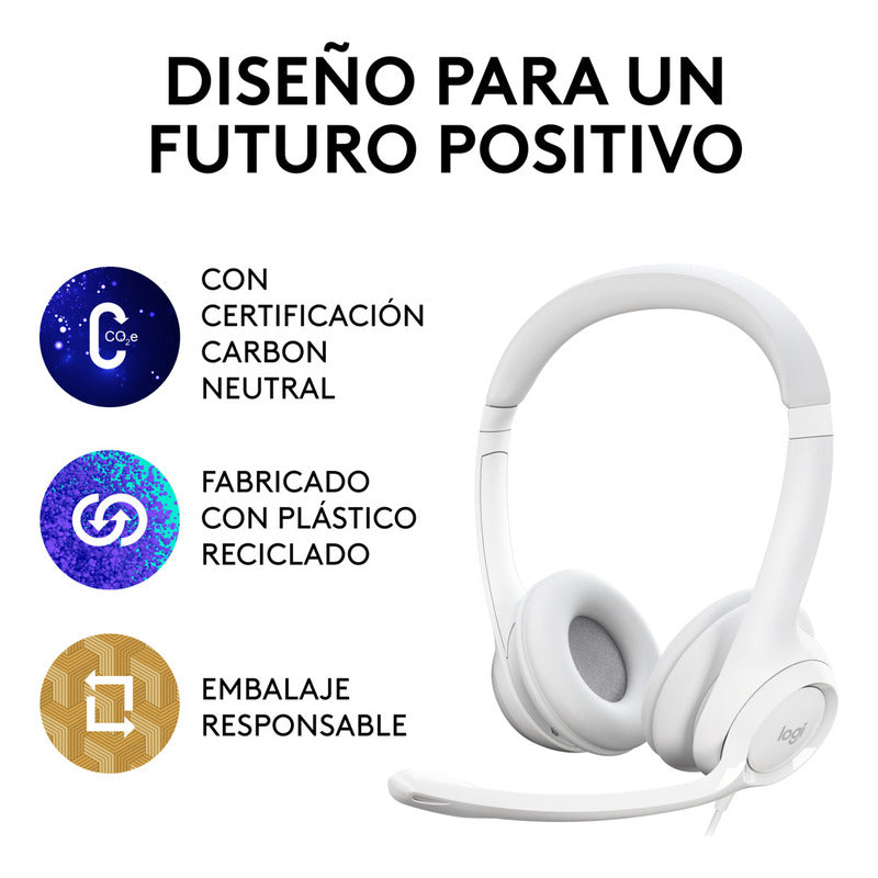 Diadema Usb Logitech H390, Mic Sin Ruido Y Controles, Blanco