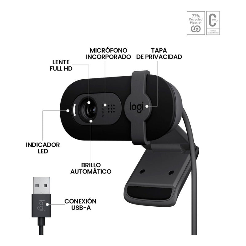 Webcam Full Hd 1080p, Rightlight 2, Logitech Brio 100 Negro