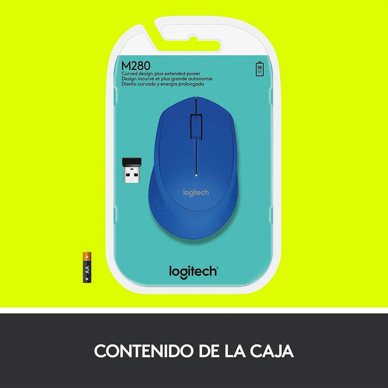 Mouse Inalámbrico Logitech M280, Cómodo Diseño Curvo, Azul