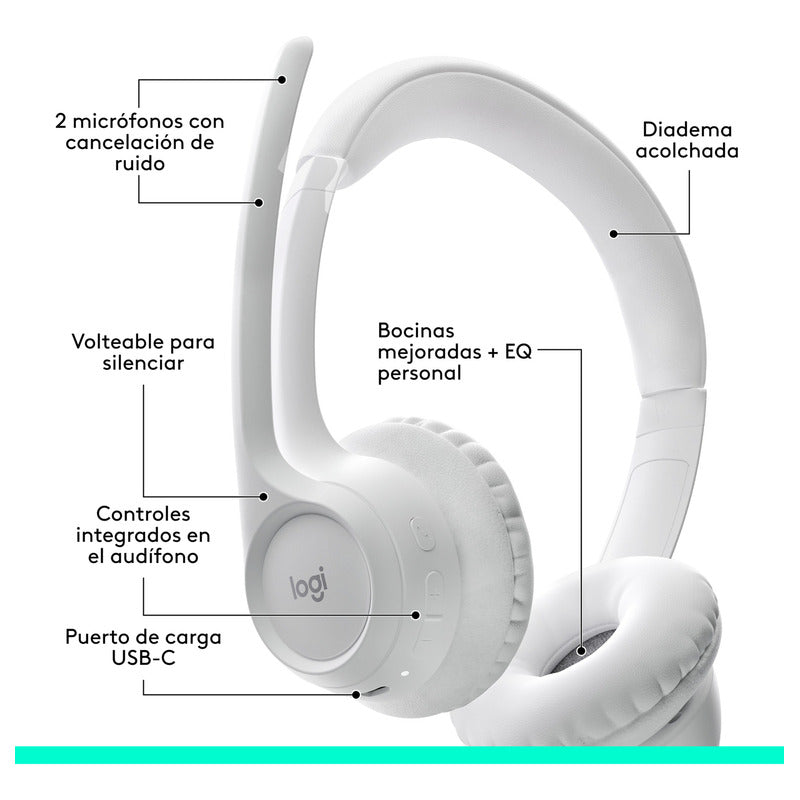 Auriculares Inalámbricos Bluetooth Logitech Zone 300 con Micrófono, Blanco + Obsequio Soporte para Diadema