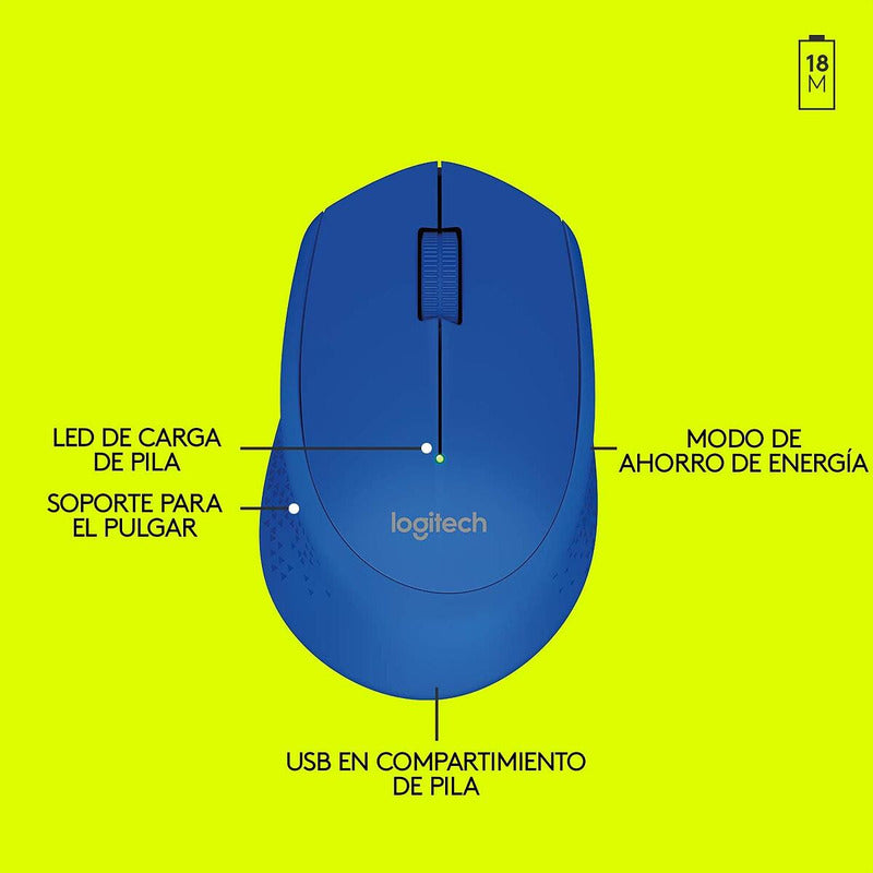 Mouse Inalámbrico Logitech M280, Cómodo Diseño Curvo, Azul