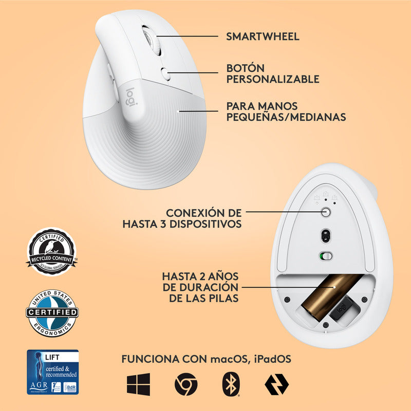 Mouse Ergonómico Logitech Lift Vertical Avanzado, Blanco