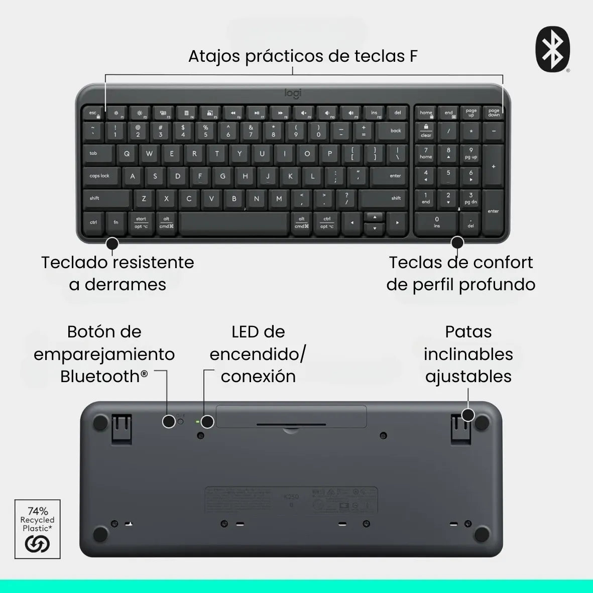 Teclado Multimedia Inalambrico Bluetooth Logitech K250 Negro