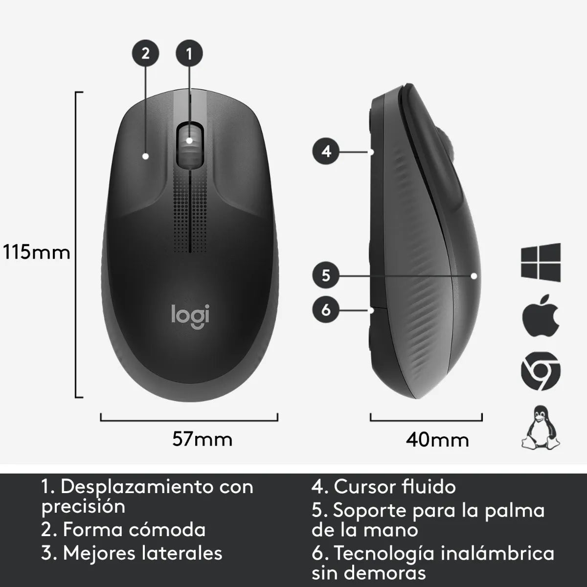 Mouse Inalámbrico Logitech M190 Receptor USB Batería 18 Meses Curvo Tamaño Completo Ambidiestro - Gris