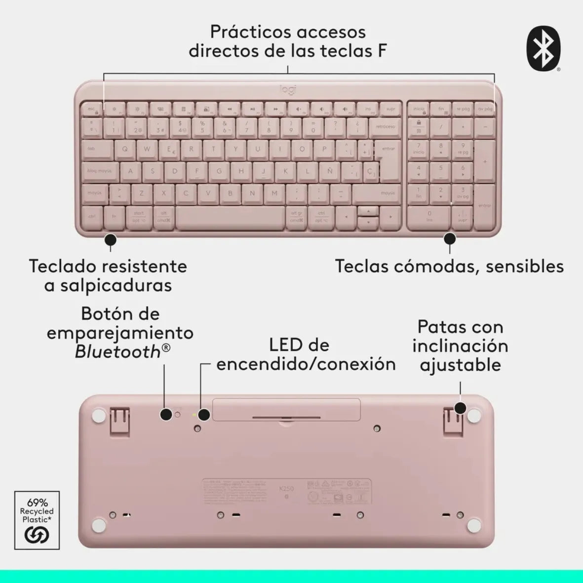 Teclado Inalámbrico Bluetooth Logitech K250 con Diseño Compacto, Rosa