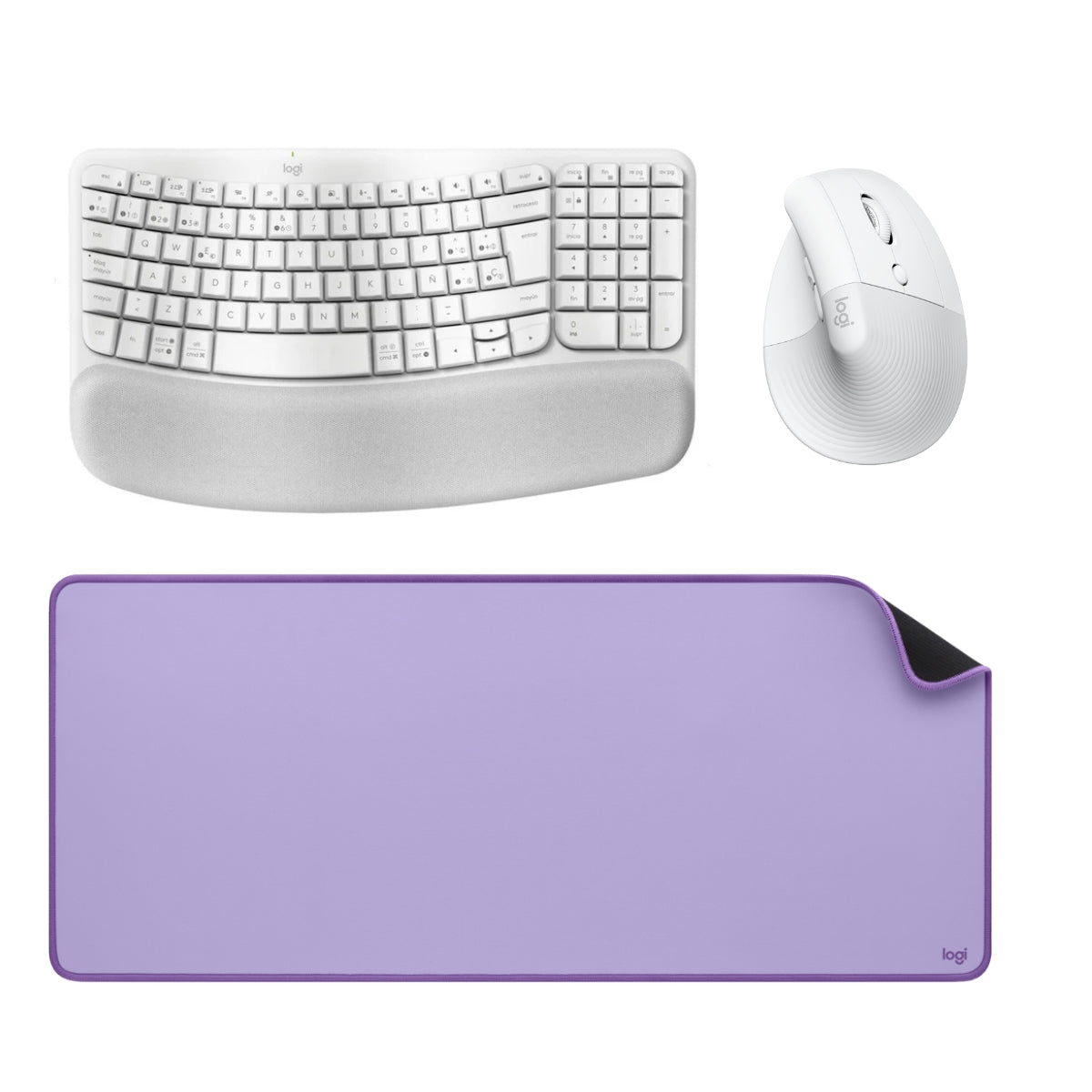 Combo Inalámbrico Logitech Teclado Wave Keys + Mouse Ergonomico Lift + Padmouse DeskMat Lila