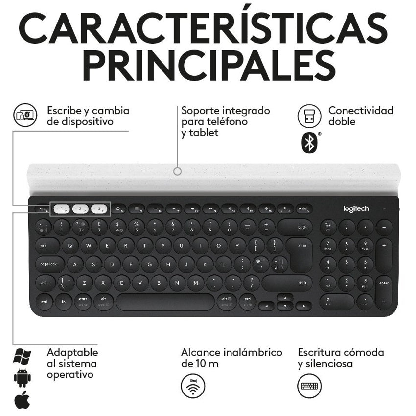 Teclado Inalámbrico Logitech K780 Bluetooth Multidispositivo con Base Tablet Celular + Mouse Inalámbrico Logitech Signature Comfort Plus M850 L