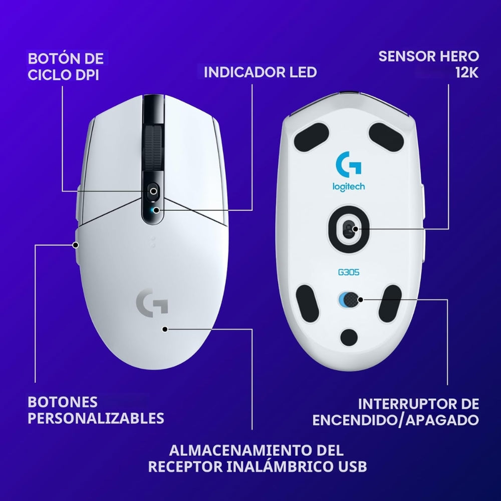Auriculares Gamer Inalámbricos Logitech G325 LIGHTSPEED Bluetooth PC/PS5/Switch - Blanco + Mouse Gamer Inalámbrico Logitech G305 LIGHTSPEED HERO 12000 DPI 6 Botones - Blanco