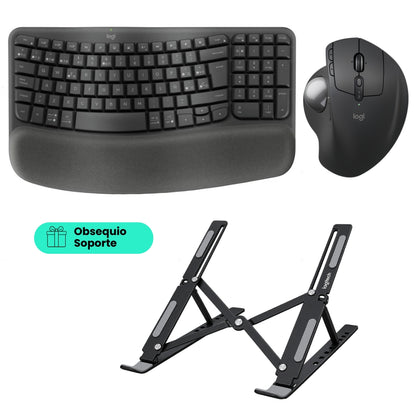 Teclado Ergonómico Inalámbrico Logitech Wave Keys + Mouse Trackball Avanzado Logitech MX Ergo S, Inalámbrico Bluetooth/Bolt + Obsequio Soporte