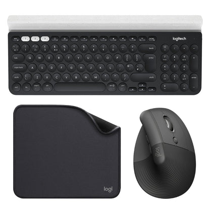 Teclado Inalámbrico Logitech K780 Multidispositivo + Mouse Ergonómico Vertical Logitech Lift Inalámbrico - Negro + Pad Mouse Logitech Studio Series
