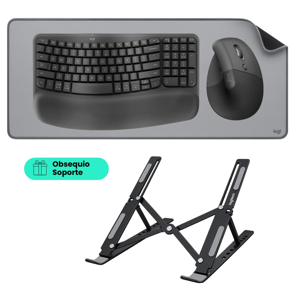 Combo Inalámbrico Logitech Teclado Wave Keys + Mouse Ergonomico Lift + Padmouse DeskMat Gris + Obsequio Soporte