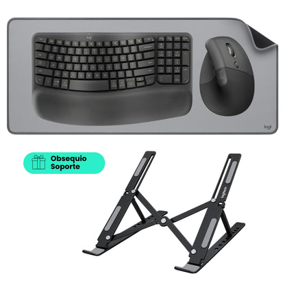 Combo Inalámbrico Logitech Teclado Wave Keys + Mouse Ergonomico Lift + Padmouse DeskMat Gris + Obsequio Soporte