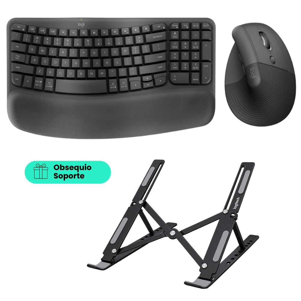 Combo Ergonómico Inalámbrico Teclado Logitech Wave Keys + Mouse Ergonómico Vertical Logitech Lift, Inalámbrico + Obsequio Soporte