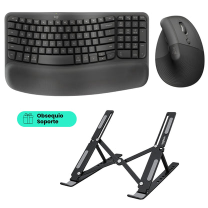Combo Ergonómico Inalámbrico Teclado Logitech Wave Keys + Mouse Ergonómico Vertical Logitech Lift, Inalámbrico + Obsequio Soporte