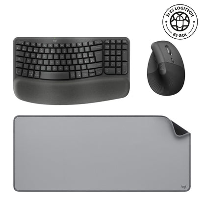 Combo Inalámbrico Logitech Teclado Wave Keys + Mouse Ergonomico Lift + Padmouse DeskMat Gris