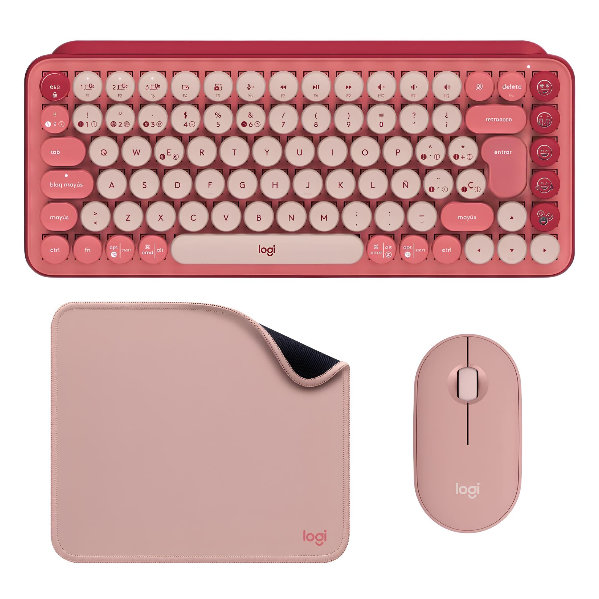 Teclado Mecánico Bluetooth Logitech POP Keys con Teclas de Emojis - Heartbreaker + Mouse Logitech Pebble 2 M350s, Bluetooth Multidispositivo + Mouse Pad Logitech Studio Series - Rosa