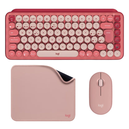 Teclado Mecánico Bluetooth Logitech POP Keys con Teclas de Emojis - Heartbreaker + Mouse Logitech Pebble 2 M350s, Bluetooth Multidispositivo + Mouse Pad Logitech Studio Series - Rosa