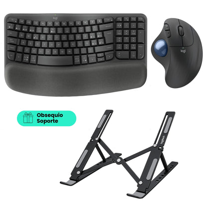 Teclado Ergonómico Inalámbrico Logitech Wave Keys + Mouse Trackball Inalámbrico Logitech Ergo M575S Ergonómico Bluetooth/Bolt + Obsequio Soporte