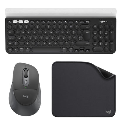 Teclado Inalámbrico Logitech K780 Bluetooth Multidispositivo con Base Tablet Celular + Mouse Inalámbrico Logitech Signature Comfort Plus M850 L + Pad Mouse Studio Series