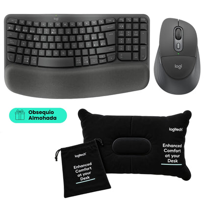 Teclado Ergonómico Inalámbrico Logitech Wave Keys + Mouse Inalámbrico Logitech Signature Comfort Plus M850 L Multidispositivo + Obsequio Almohada