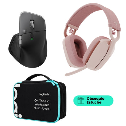 Diadema Profesional Bluetooth Logitech Zone Vibe 100 Micrófono Flip-to-Mute + Mouse Inalámbrico Avanzado Logitech MX Master 4 Recargable Bluetooth/Bolt - Rosa + Obsequio Estuche