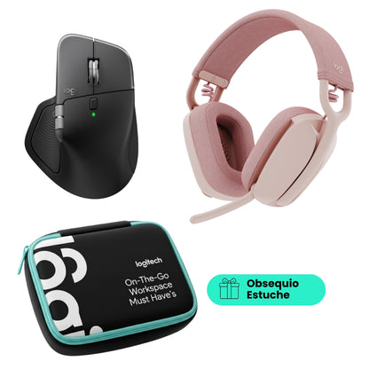 Diadema Profesional Bluetooth Logitech Zone Vibe 100 Micrófono Flip-to-Mute + Mouse Inalámbrico Avanzado Logitech MX Master 4 Recargable Bluetooth/Bolt - Rosa + Obsequio Estuche