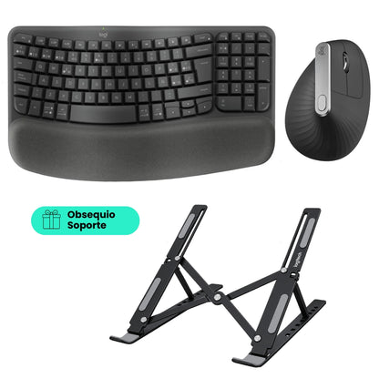 Teclado Ergonómico Inalámbrico Logitech Wave Keys + Mouse Ergonómico Avanzado Logitech MX Vertical Inalámbrico Bluetooth + Obsequio Soporte