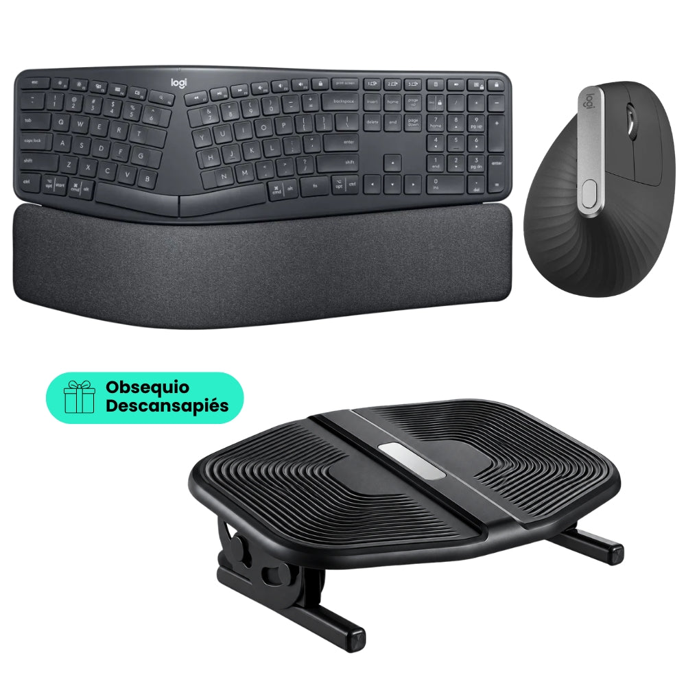 Combo Ergonómico Inalámbrico Logitech: Teclado ERGO K860 + Mouse Ergonómico Avanzado Logitech MX Vertical + Obsequio Descansapiés
