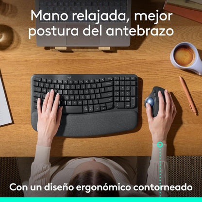 Teclado Ergonómico Inalámbrico Logitech Wave Keys + Mouse Trackball Inalámbrico Logitech Ergo M575S Ergonómico Bluetooth/Bolt + Obsequio Soporte