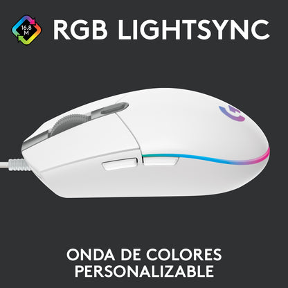 Mouse Gamer Logitech G203 RGB LIGHTSYNC, 6 Botones 8.000 DPI - Blanco + Auriculares Gamer Logitech G335 con Cable y Micrófono para PC, Xbox, Playstation - Blanco