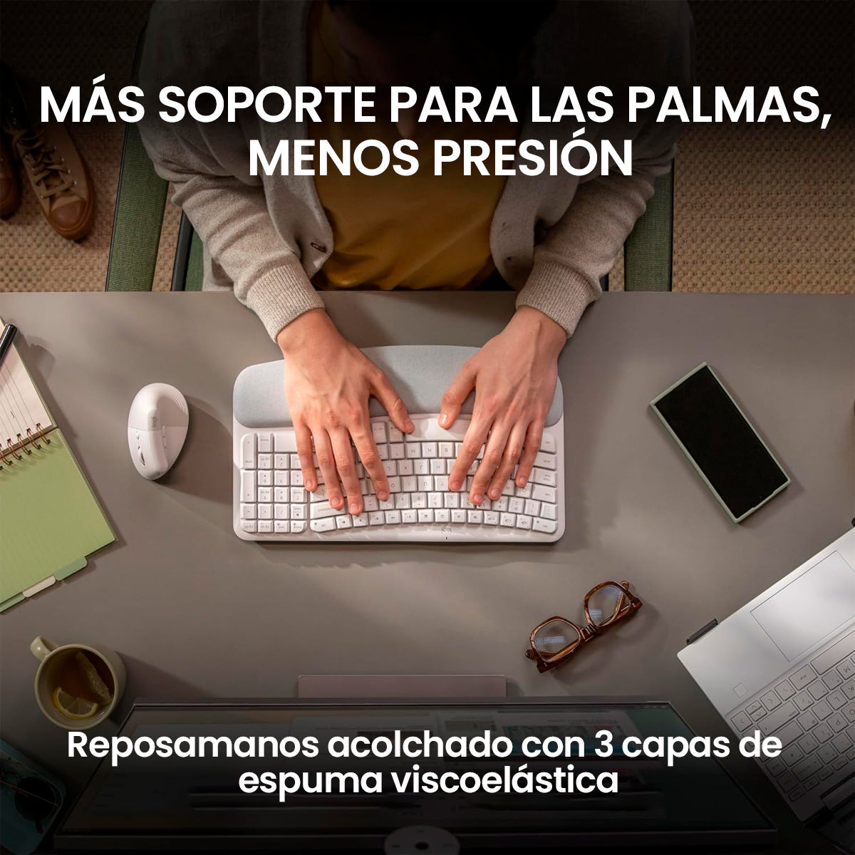 Combo Inalámbrico Logitech Teclado Wave Keys + Mouse Ergonomico Lift + Padmouse DeskMat Lila Rosa