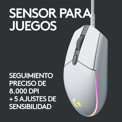 Mouse Gamer Logitech G203 RGB LIGHTSYNC, 6 Botones 8.000 DPI - Blanco + Auriculares Gamer Logitech G335 con Cable y Micrófono para PC, Xbox, Playstation - Blanco