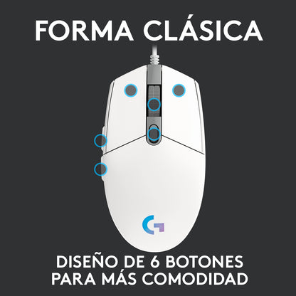 Mouse Gamer Logitech G203 RGB LIGHTSYNC, 6 Botones 8.000 DPI - Blanco + Auriculares Gamer Logitech G335 con Cable y Micrófono para PC, Xbox, Playstation - Blanco