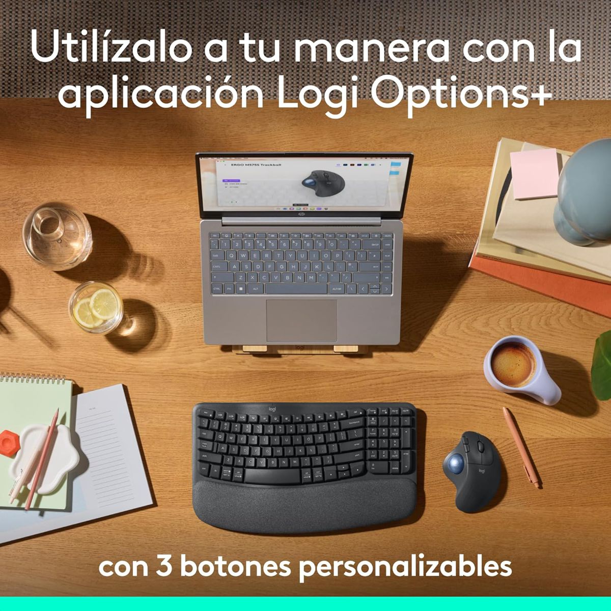 Combo Inalámbrico Logitech Teclado Wave Keys + Mouse Ergonomico M575s + Padmouse DeskMat