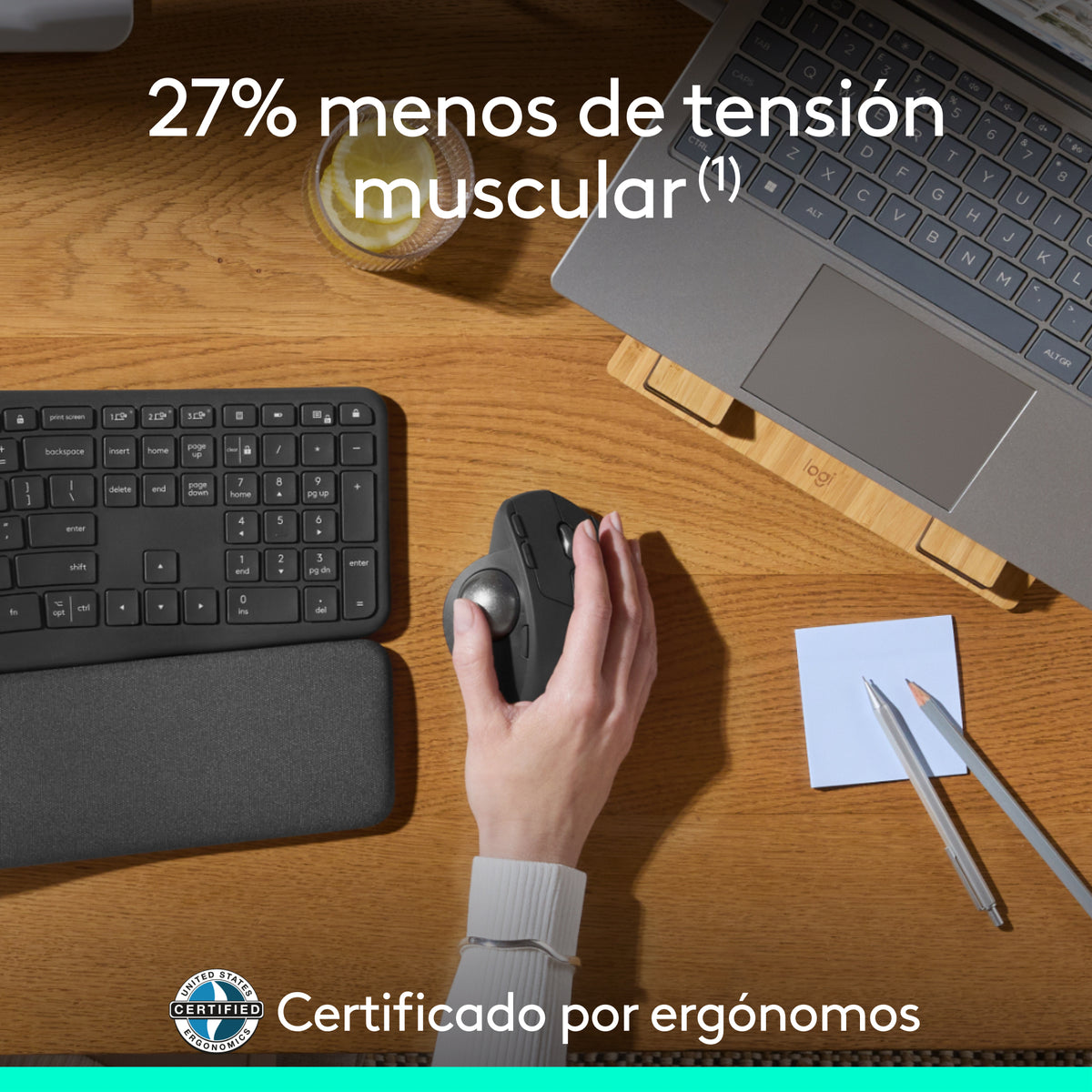 Teclado Ergonómico Inalámbrico Logitech Wave Keys + Mouse Trackball Avanzado Logitech MX Ergo S, Inalámbrico Bluetooth/Bolt + Obsequio Soporte