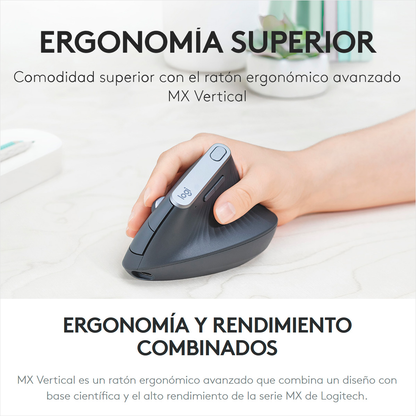 Mouse Ergonómico Avanzado Logitech MX Vertical Inalámbrico Bluetooth Recargable + Mouse Pad Logitech Studio Series