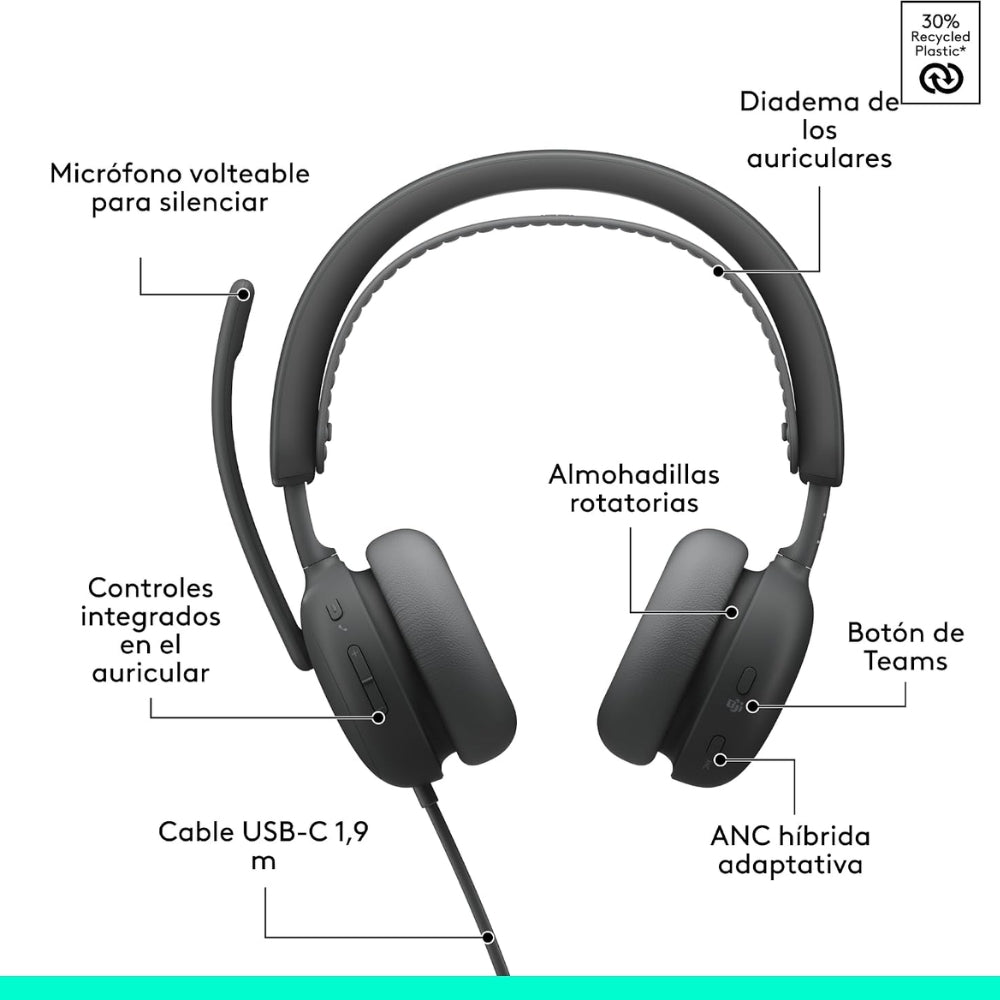 Diadema Profesional Logitech Zone Wireless 2 ES con ANC Híbrida Adaptativa - Grafito