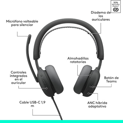 Diadema Profesional Logitech Zone Wireless 2 ES con ANC Híbrida Adaptativa - Grafito