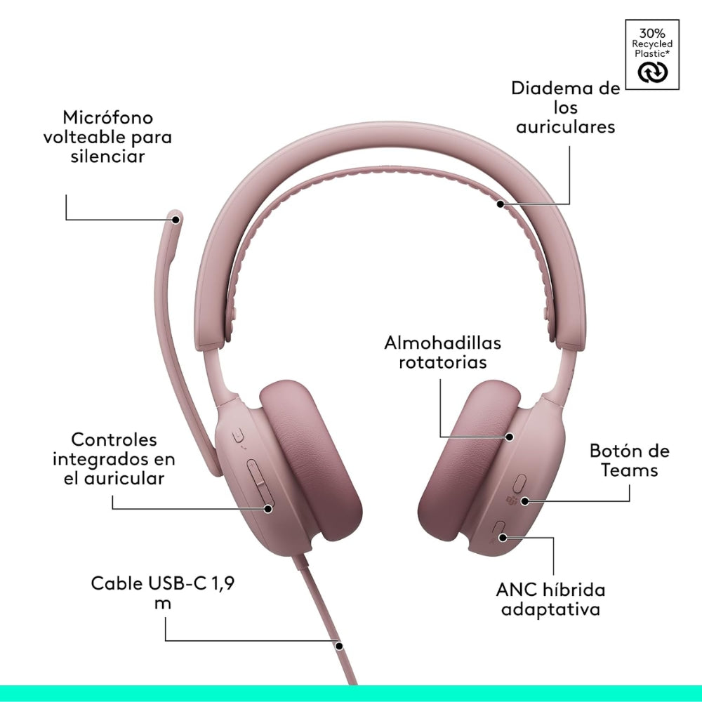 Diadema Profesional Logitech Zone Wireless 2 ES con ANC Híbrida Adaptativa - Rosado