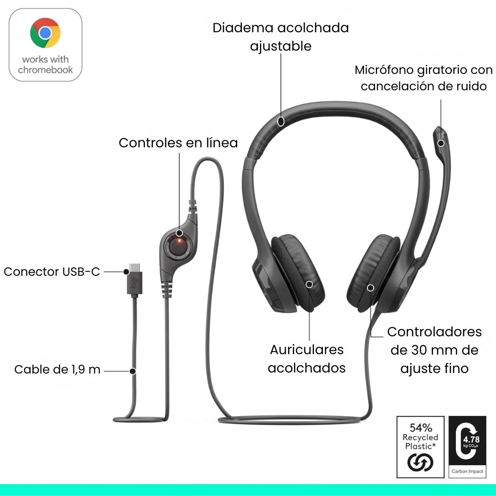 Auriculares con Micrófono USB-C Logitech H390 con Controles en el Cable - Negro