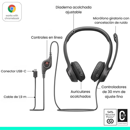 Auriculares con Micrófono USB-C Logitech H390 con Controles en el Cable - Negro