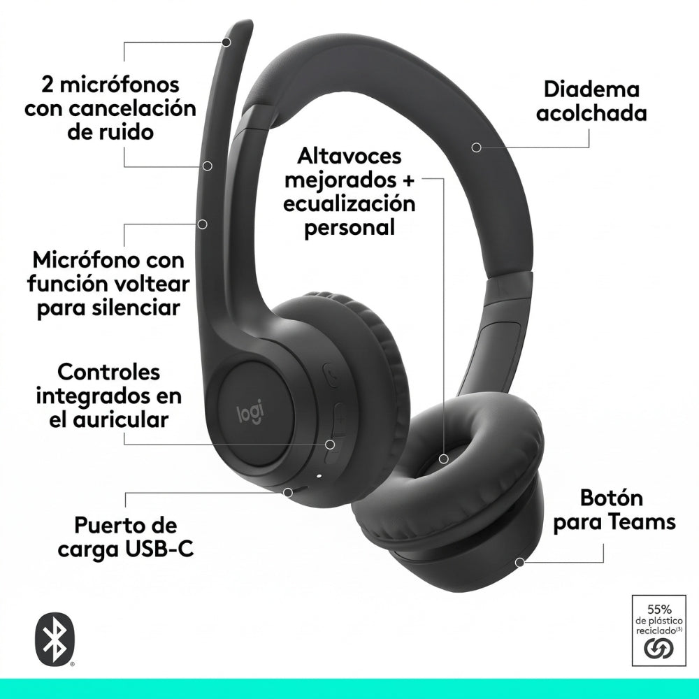 Audífonos Inalambricos Logitech Zone 305 con 2 Micrófonos, Bluetooth 5.3 - Negro
