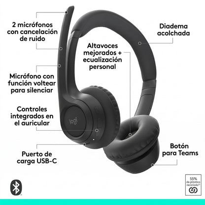 Audífonos Inalambricos Logitech Zone 305 con 2 Micrófonos, Bluetooth 5.3 - Negro
