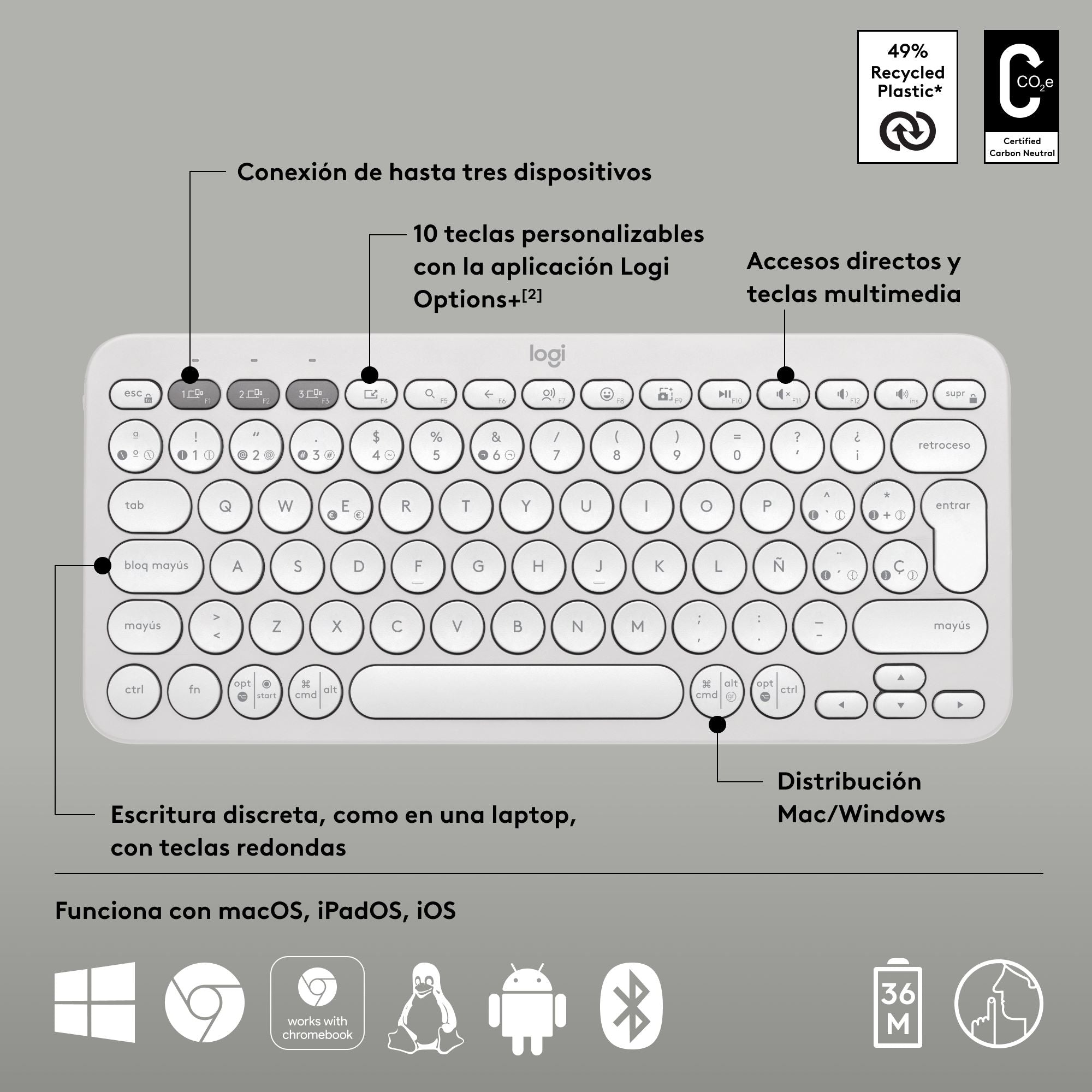 Teclado Bluetooth Logitech Pebble Keys 2 K380s Multidispositivo + Logitech M240 Silencioso Ratón Bluetooth Inalámbrico - Blanco