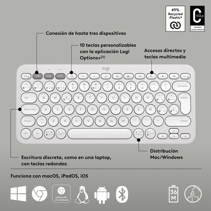 Teclado Bluetooth Logitech Pebble Keys 2 K380s Multidispositivo + Logitech M240 Silencioso Ratón Bluetooth Inalámbrico - Blanco