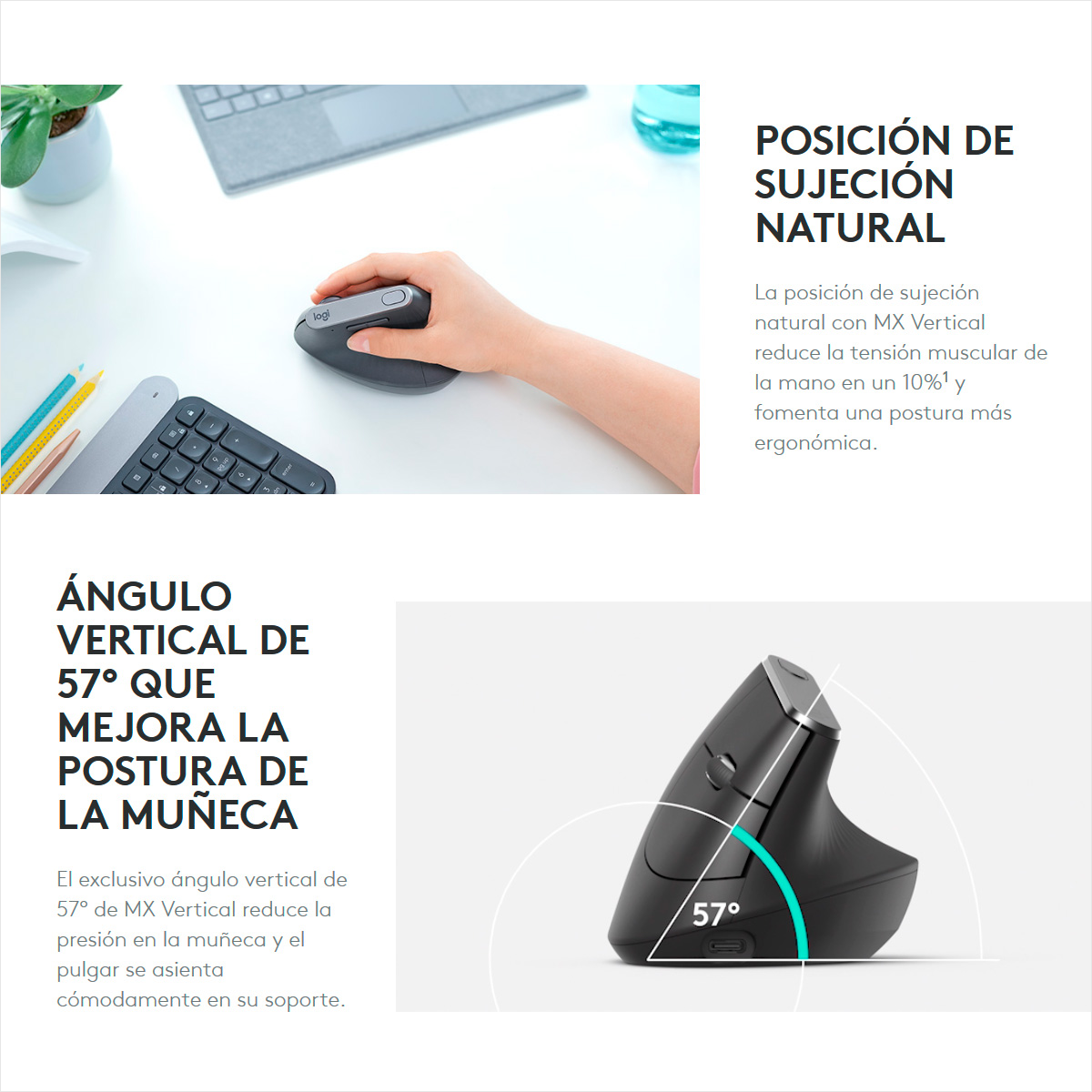 Mouse Ergonómico Avanzado Logitech MX Vertical Inalámbrico Bluetooth Recargable + Mouse Pad Logitech Studio Series