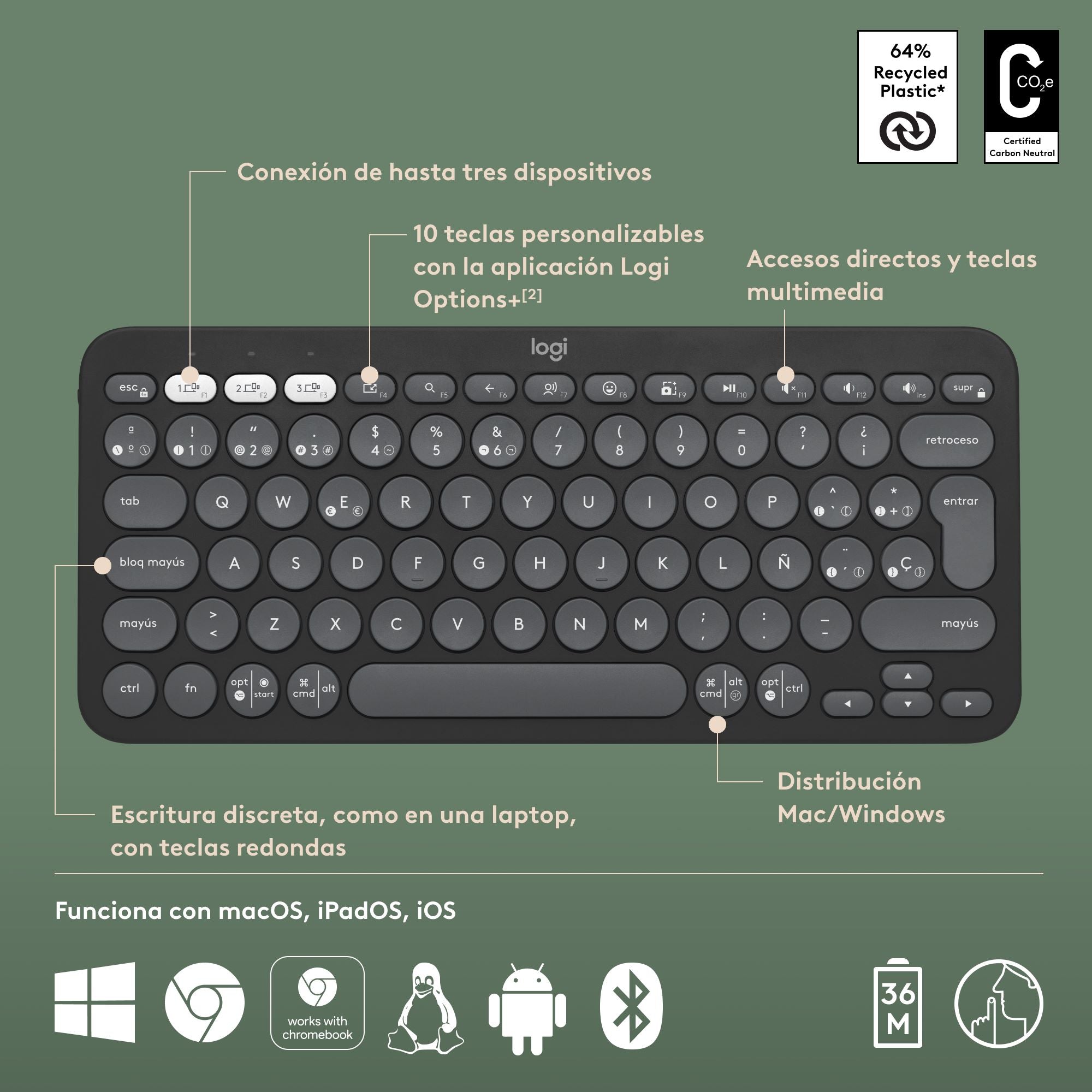 Teclado Bluetooth Multidispositivo Logitech Pebble Keys 2 K380s + Mouse Bluetooth Logitech POP con Botón Emojis SilentTouch Multidispositivo - Blast