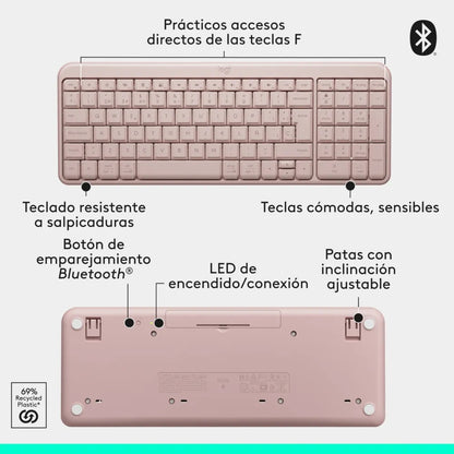 Teclado Bluetooth Inalámbrico Logitech K250 Compacto + Logitech M240 Silencioso Ratón Bluetooth Inalámbrico - Rosa