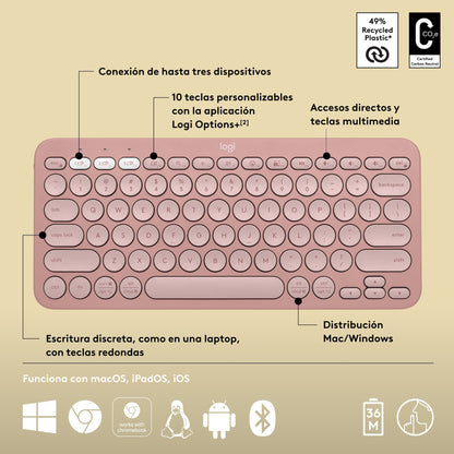 Teclado Bluetooth Logitech Pebble Keys 2 K380s Multidispositivo + Logitech M240 Silencioso Ratón Bluetooth Inalámbrico - Rosa